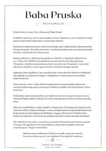 Menu restauracji Baba Pruska 2025