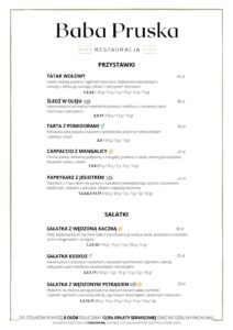 Menu restauracji Baba Pruska 2025