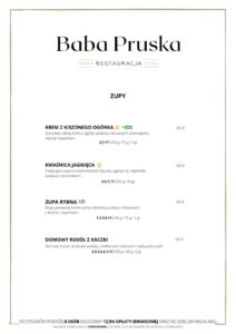 Menu restauracji Baba Pruska 2025