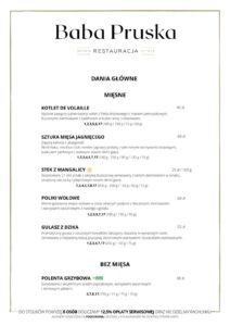 Menu restauracji Baba Pruska 2025
