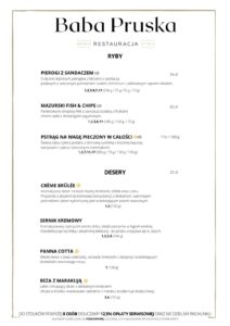 Menu restauracji Baba Pruska 2025